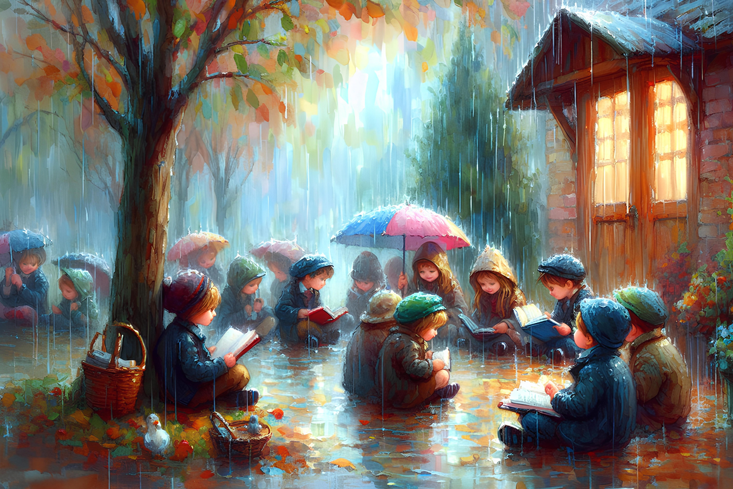 Reading in the Rain with Friends - Diamond Painting Kit