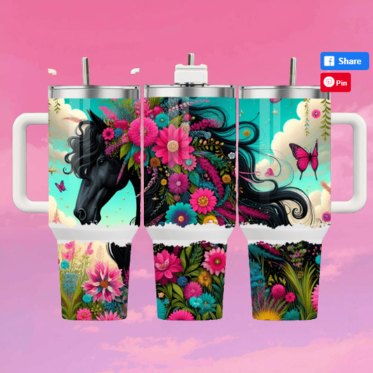 Black Horse with Flowers and Butterflys