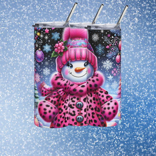 Pink Leopard Snowman Slim 30 oz Tumbler