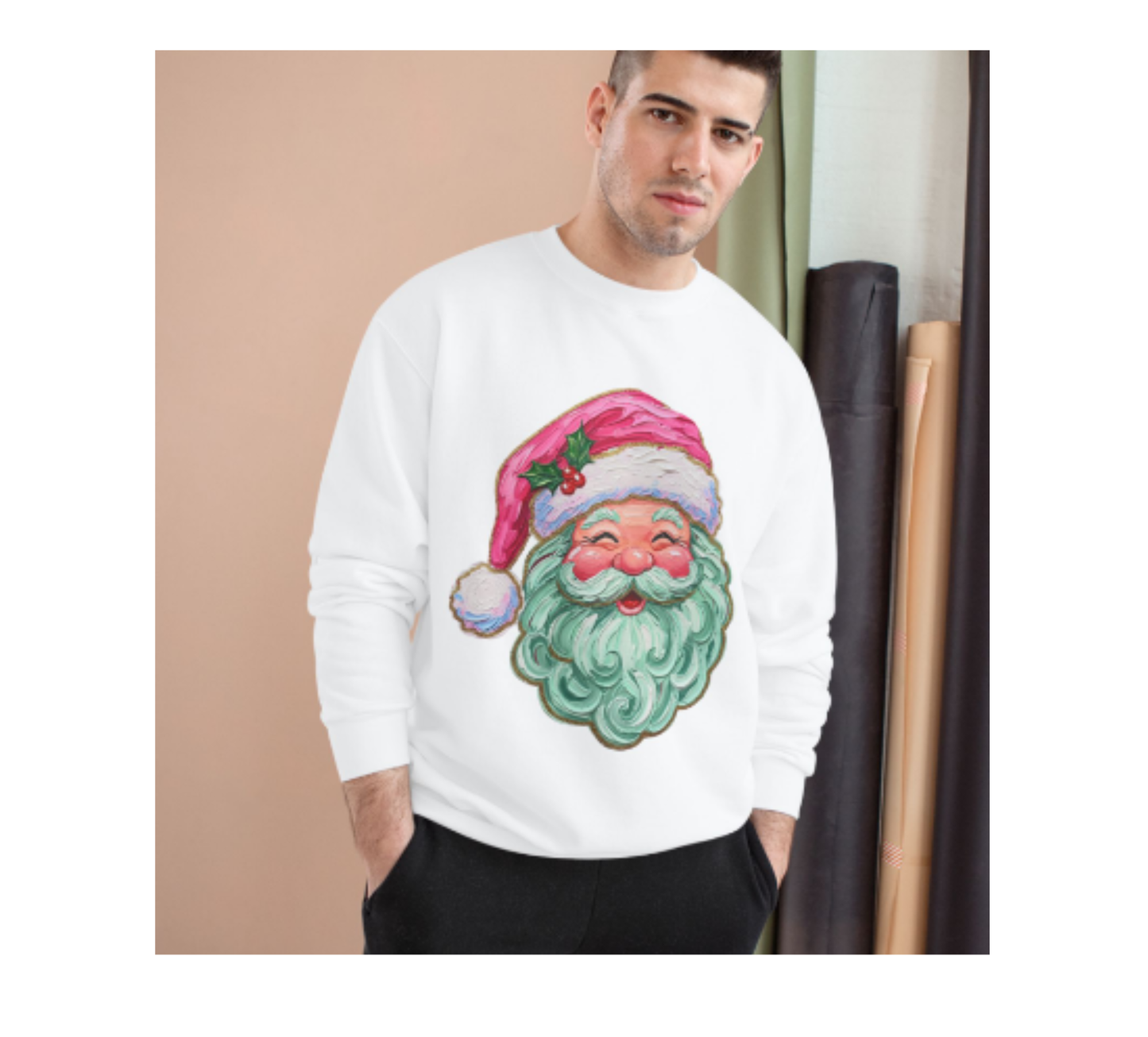 Santa in his Pink Hat - Custom Crew Neck longsleeve sweatshirt